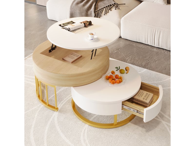  Tables basses gigognes rondes avec plateau relevable et tiroir, structure en métal doré, pour salon, blanc  - Conforama C
