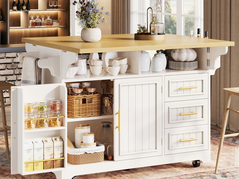 Îlot de cuisine mobile 120 x 40 x 95 cm, plateau extensible, 3 tiroirs, 2 portes et roulettes, blanc, en mdf robuste  - Conforama B
