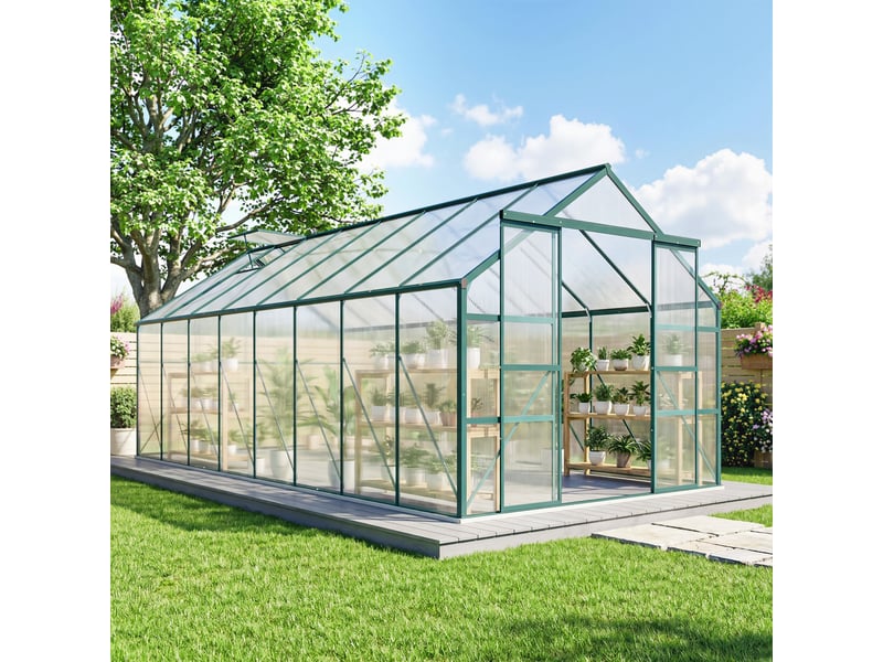  Serre de jardin en polycarbonate, métal et aluminium, anti-uv et coupe-vent, 244 x 500 x 216 cm, verte  - Conforama D