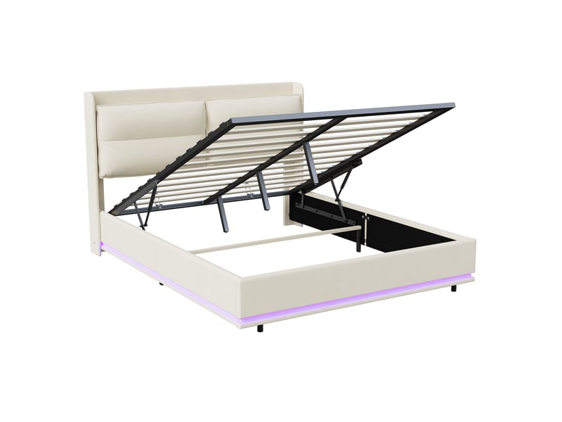  Lit double 140x200 cm , led, lit 2 place avec usb et type-c, beige, velours,cadre de lit coffre 140x200 cm, lit 2 place  - Conforama W