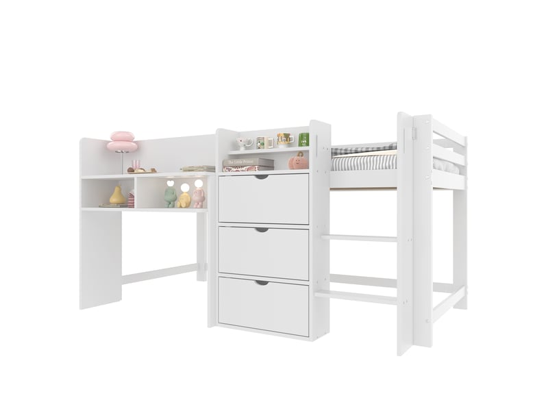  Lit enfant blanc avec rangements, mi-hauteur 90x200 cm, étagères et trois compartiments fermés, sans matelas  - Conforama A