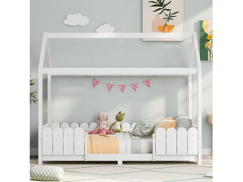  Modenvie lit enfant maison 90x200 cm - avec barriere de securite, sommier inclus - blanc  - Conforama D