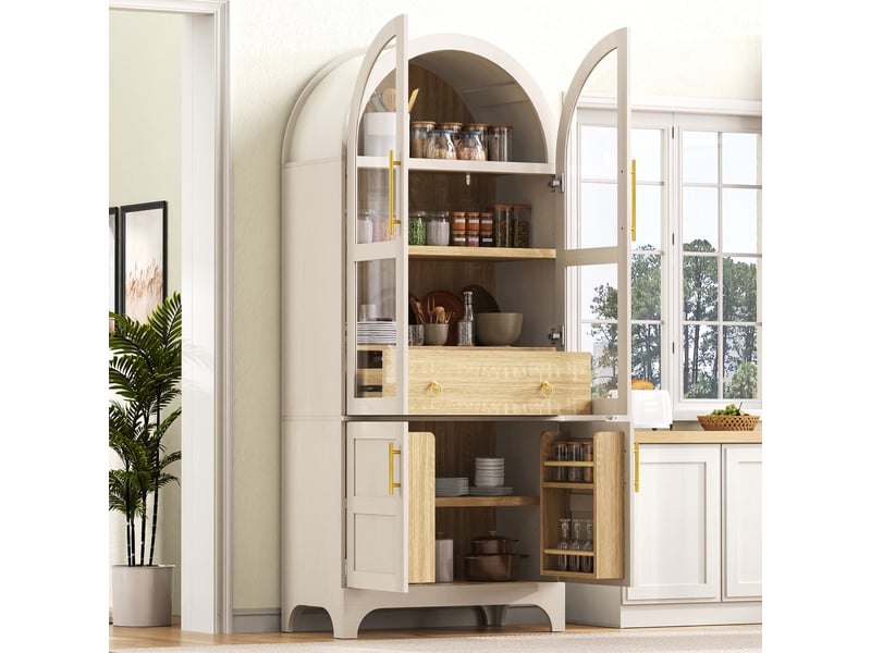  Buffet de cuisine- 76x40x180cm - meuble rangement cuisine verre cannelé en arche, 4 portes, tiroir - blanc et bois chêne  - Conforama D