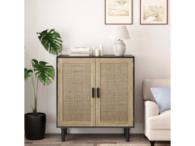  Buffet 2 portes et 2 niches avec poignées en bois massif pour salon 80×40×88 cm noir  - Conforama B