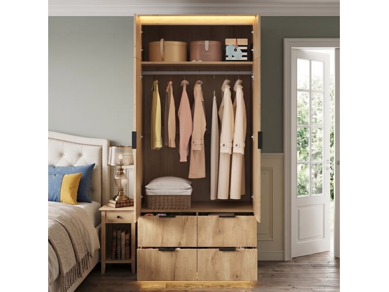  Armoire tcqpz 2 portes avec miroir led 90 x 47 x 200 cm 4 tiroirs penderie mdf décor chêne  - Conforama D