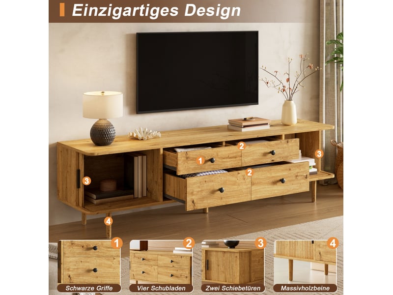 Meuble tv 165 cm avec 4 tiroirs et 2 portes coulissantes, mdf, décor bois, angles arrondis  - Conforama D