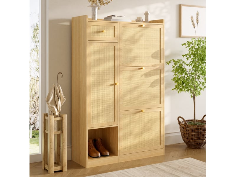  Meuble à chaussures 80,5x25x125 cm avec 3 abattants, 1 tiroir et 1 porte naturel  - Conforama E