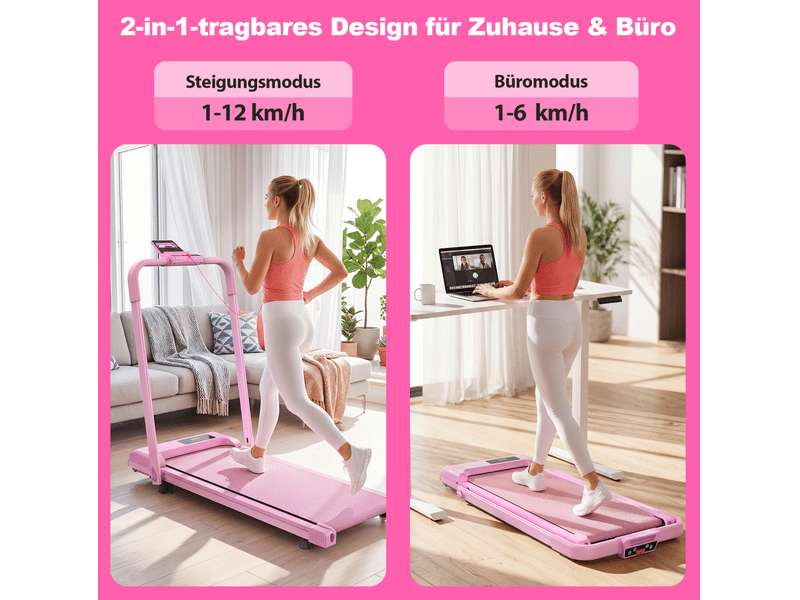 Tapis de course pliable 3 en 1 rose avec inclinaison réglable, connexion aux applications, charge 120 kg  - Conforama C