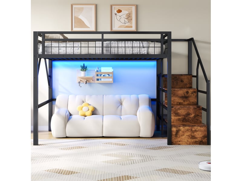  Lit mezzanine enfant 140x200 cm, avec marches de rangement, cadre en métal et mdf, led contrôlable, noir, sans matelas  - Conforama B