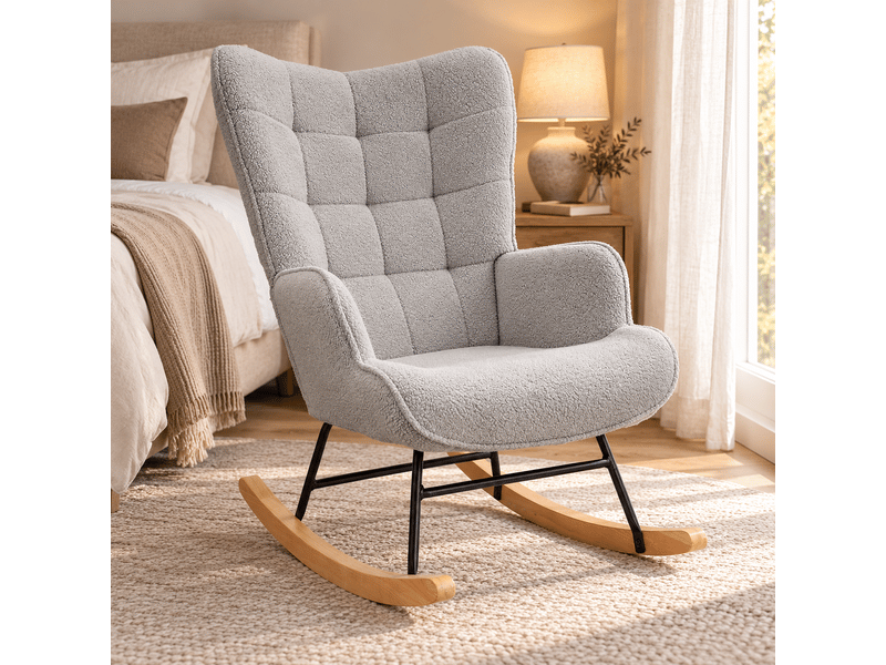 Chaise à bascule, fauteuil a bascule avec polaire sherpa, allaitement fauteuil pour salon, chambre, balcon, gris clair  - Conforama E