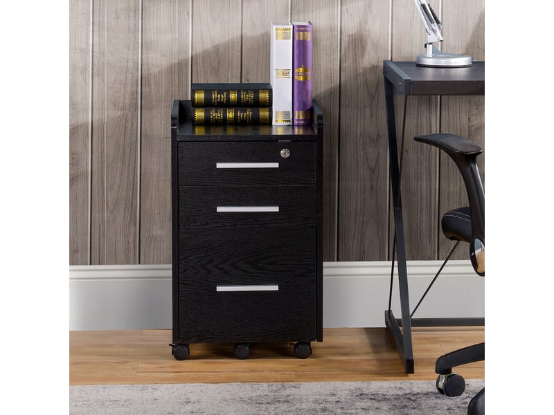  Caisson de bureau rangement bureau sur roulettes 3 tiroirs 1 verrouillable 1 trieur dossiers en bois noir  - Conforama C