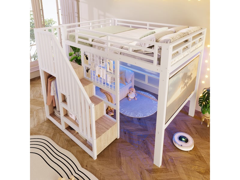  Lit jeune - avec rangement - avec éclairage led - matelas non inclus - gain de place - couchage 140x200 cm 204x191x170cm - Conforama C