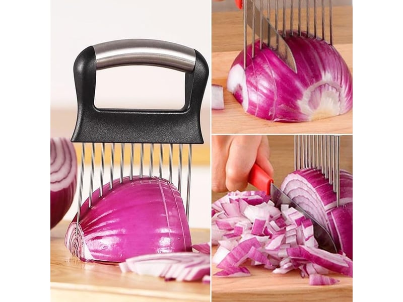  Porte-tranche d'oignon en acier inoxydable, trancheuse de citron, coupe-légumes, outil de tranchage de couteau de cuisine (1pcs)  - Conforama B