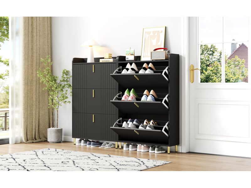 Lot de 2 meubles à chaussures étroits à 3 portes abattantes, mdf noir mat - Conforama D