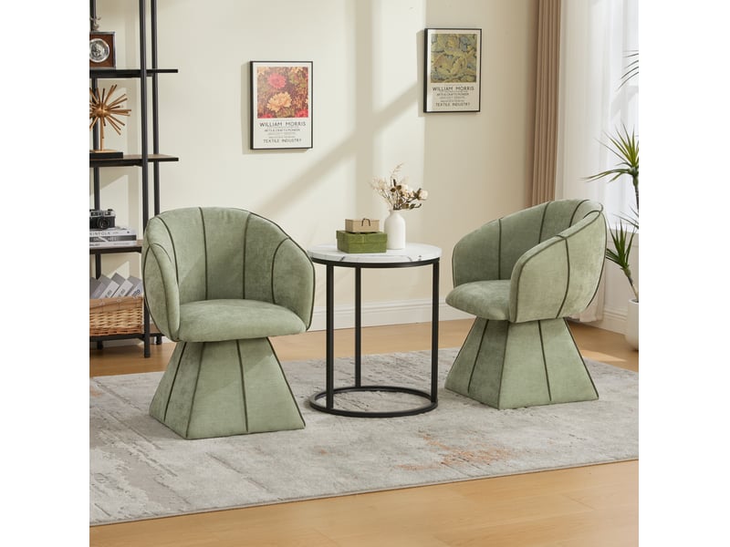  Fauteuil pivotant 56x54x74,5 cm, pour salon, bureau, dossier haut ergonomique et accoudoirs larges, vert olive, chenille  - Conforama D