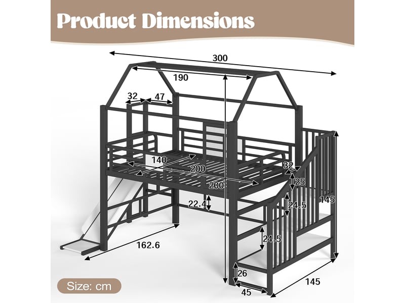  Lit mezzanine 140x200 cm, structure en métal et bois, coloris noir, rangements intégrés, led via bluetooth, escalier sécurisé, garde-corps, toboggan  - Conforama C