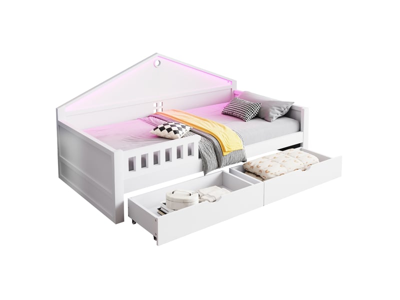  Lit enfant 90 x 200 cm avec led, 2 tiroirs et sommier à lattes, blanc  - Conforama A