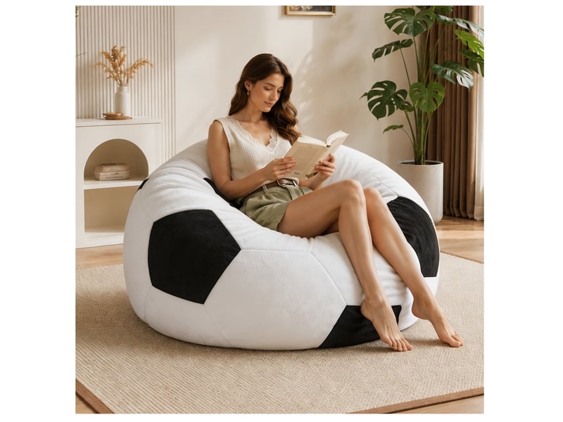  Fauteuil poire football fixe 1 place en tissu noir et blanc, grand format 130 cm pour vos moments détente  - Conforama E