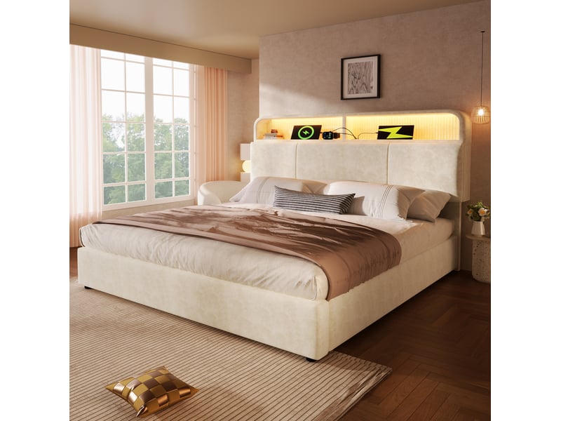  Lit coffre 140 × 200 cm 2 places avec rangement, led, usb et type-c, avec matelas, tête réglable, velours beige  - Conforama C