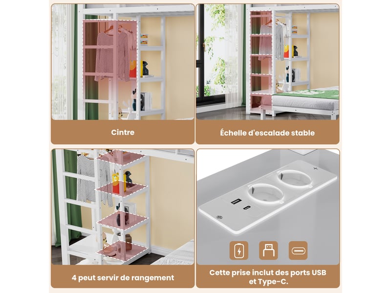  Lit mezzanine 90×200 cm avec bureau, étagères, usb et type-c, métal et mdf blanc sans matelas  - Conforama C
