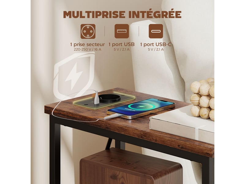  Table d'appoint avec station de charge, table de salon étroite avec 2 tiroirs en tissu, brun rustique, étagère ouverte  - Conforama D