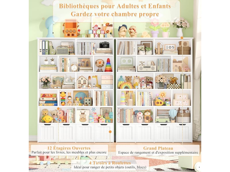 Meuble de rangement enfant bibliothèque enfant avec 13 étagères 4 tiroirs roulants rangement jouet 125.5x33x175cm blanc - Conforama E