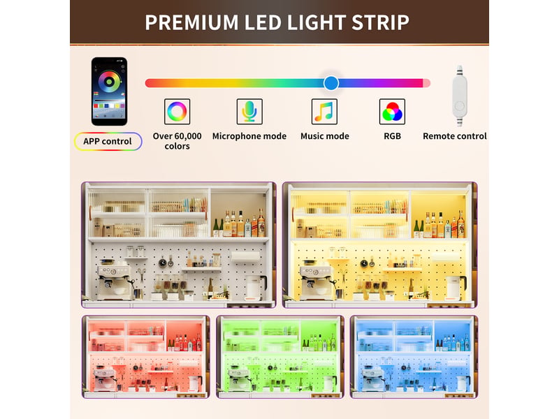  Buffet haut de cuisine avec led, panneau perforé et 2 tiroirs, blanc, 145x39x171 cm N620GG260111W - Conforama E