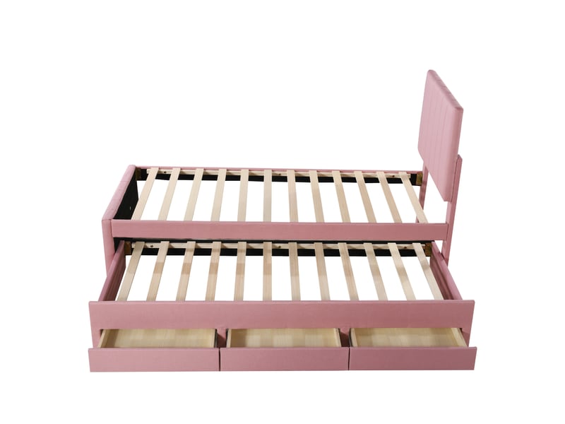  Lit gigogne enfant 200×90 cm et 190×90 cm avec 3 tiroirs, tête de lit réglable, sans matelas, en tissu rose  - Conforama E