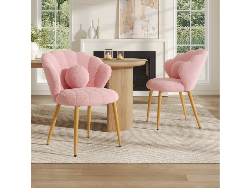  Lot de 2 chaises de salle à manger rose en tissu teddy, dossier coquillage et pieds en métal doré  - Conforama C