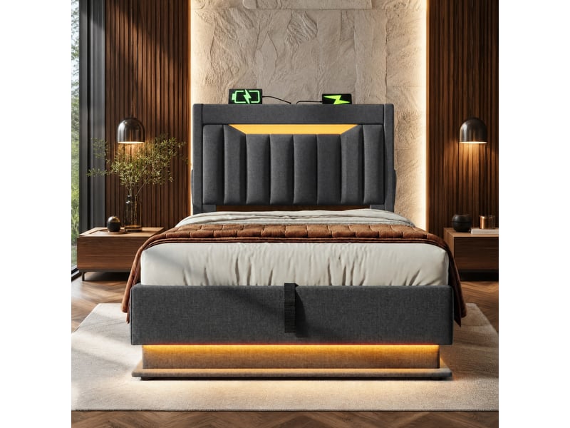  Lit simple 90 x 200 cm gris en lin avec rangement hydraulique, led et ports usbtype-c  - Conforama C