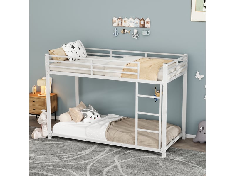 Lit superposé enfant 200×90 cm avec barrières de 26 cm, sommiers à lattes, en métal blanc - Conforama C