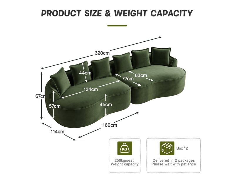  Canapé modulaire 4 places sans montage avec assise profonde et coussins, pour salon, en chenille, vert  - Conforama E