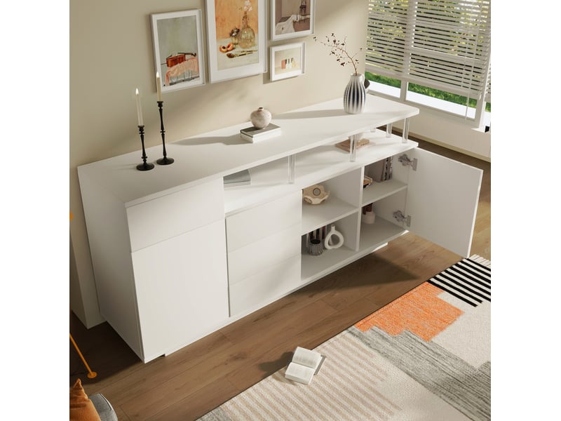  Buffet modenvie blanc 160 x 40 x 75 cm avec led, 4 tiroirs, 2 portes et étagères réglables en mdf et acrylique  - Conforama E