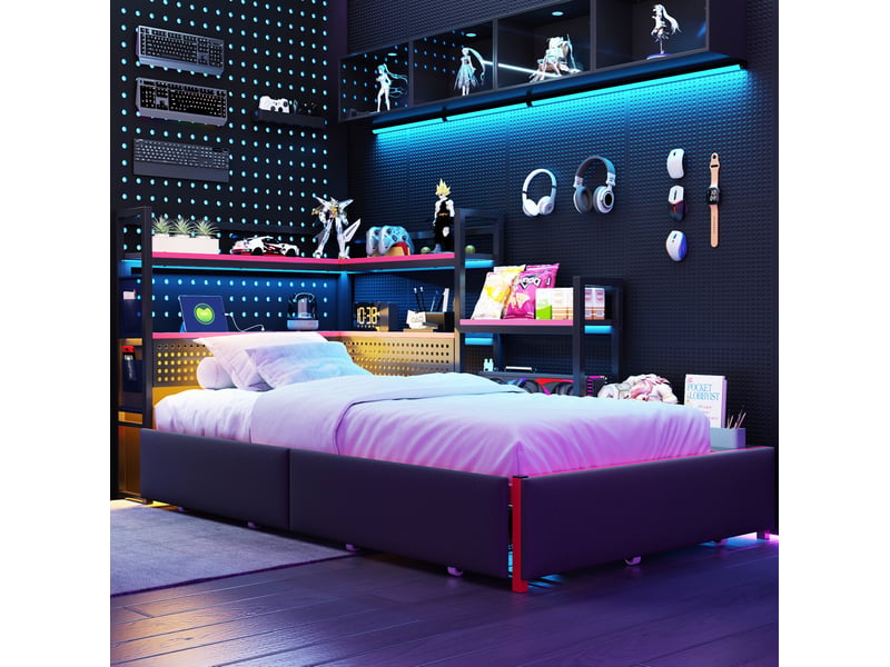 Lit simple 90x200 cm en métal avec 3 tiroirs, étagères, led et usb, noir - Conforama C