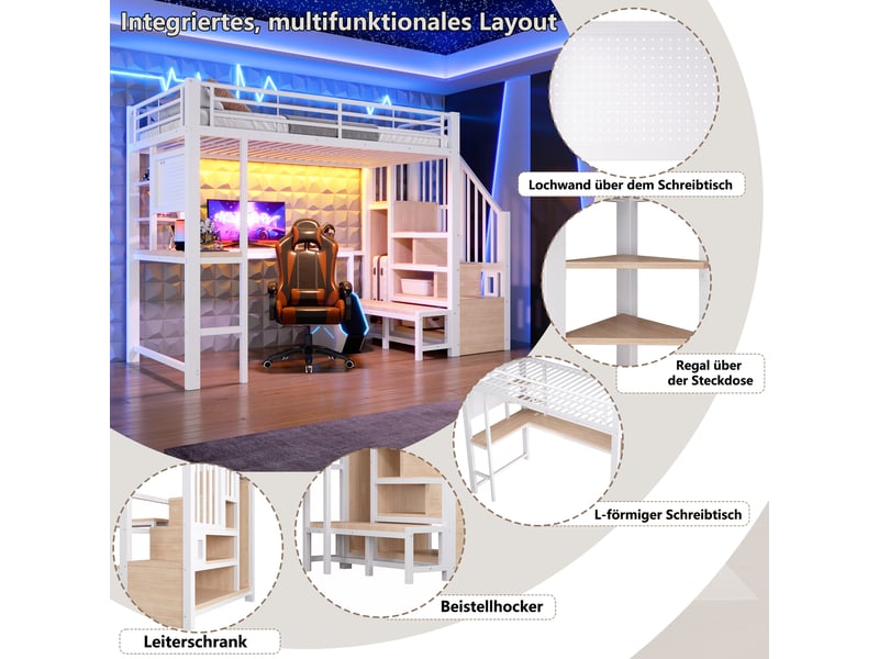  Lit mezzanine simple 90×200 cm avec bureau - okmyhome- led réglable, usb et type-c, blanc, sans matelas  - Conforama E