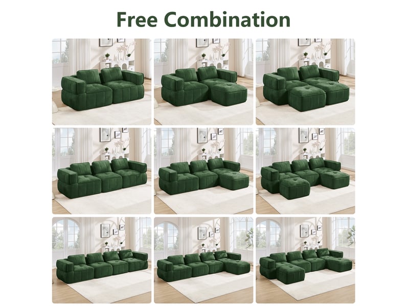  Canapé modulable en u 3 places modenvie avec 2 poufs, mousse haute densité 32d, tissu polyester vert, 271 x 162 x 67 cm  - Conforama E