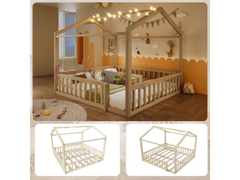  Lit cabane enfant modulable, 2 couchages 90 x 190 cm réunissables, barrières et led, pin et mdf - naturel Fay Lum - Conforama E