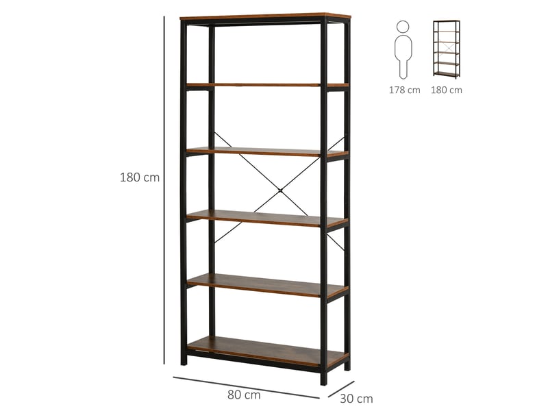  Bibliothèque style industriel rétro, 6 étagères ouvertes, anti-basculement, marron rustique, 80×30×180 cm  - Conforama E