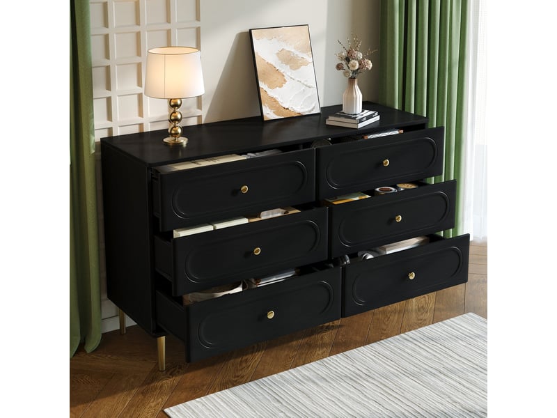 Buffet bahut salon 120x40x75 cm, commode 6 tiroirs avec façades ovales, pieds métal, grand rangement - noir - Conforama E