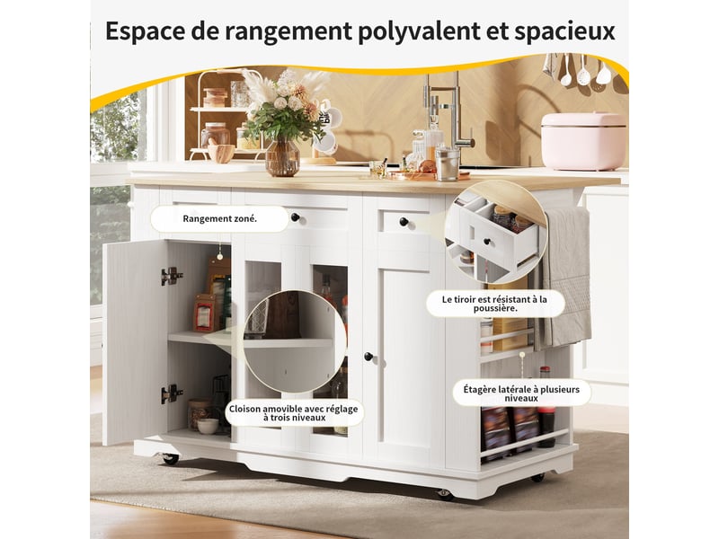 Îlot de cuisine mobile 151.5x6085x91.7 cm, plateau rabattable avec 3 tiroirs, 4 portes et rangements, blanc - Conforama D