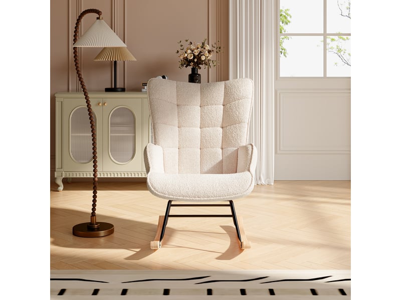 Fauteuil à bascule 60x75x92 cm avec dossier à carreaux, chaise de détente pour salon, chambre et bureau, tissu bouclé beige - Conforama B