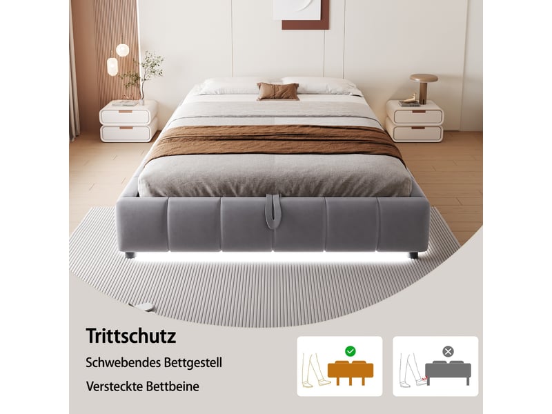  Lit coffre 140 x 200 cm gris, sans tête de lit, cadre hydraulique relevable multifonctionnel avec led et rangement  - Conforama E