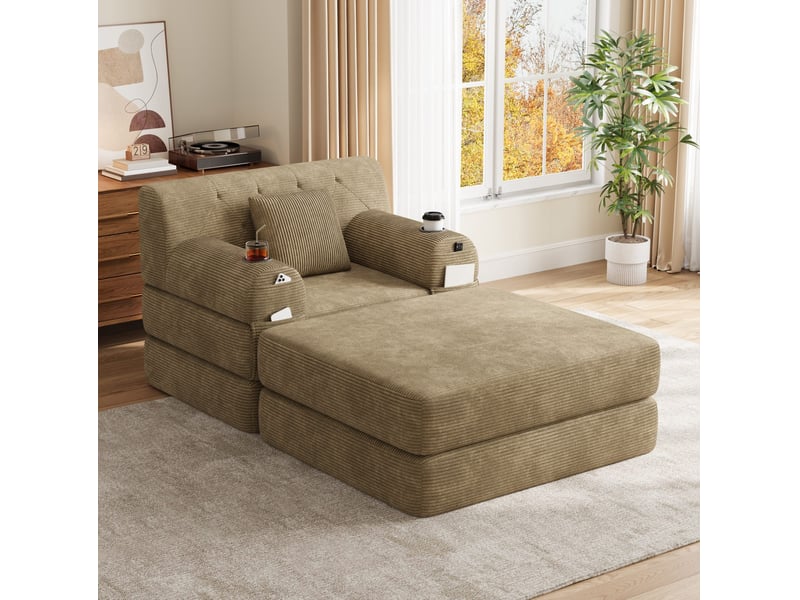  Fauteuil convertible 1 place avec pouf, fonction couchage et rangement en velours côtelé kaki evryae  - Conforama D