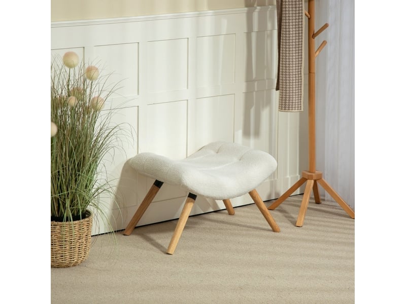  Pouf 67x45x38 cm avec assise en tissu bouclette, bois, blanc crème  - Conforama B