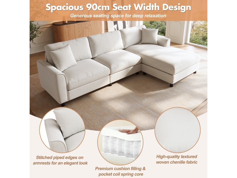  Canapé d'angle 3 places en tissu chenille beige, 256×137×79 cm, méridienne réversible, assise large 90 cm, sans montage  - Conforama R