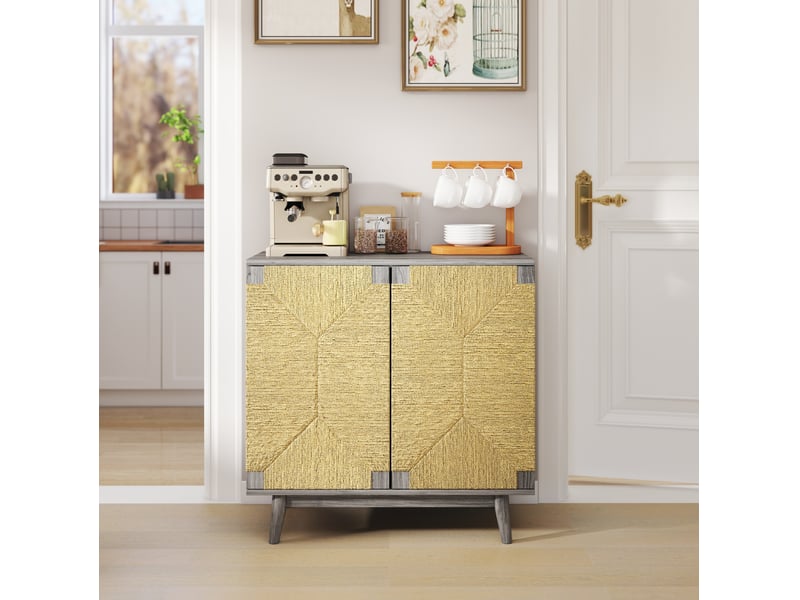  Buffet 2 portes 79x39.5x78 cm aspect frêne gris et papier tressé  - Conforama R