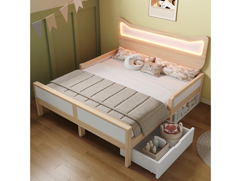  Lit enfant 140x200 tête de lit oreilles de chat avec éclairage led rgb, lit 140x200 coloris blanc et chêne avec sommier  - Conforama B