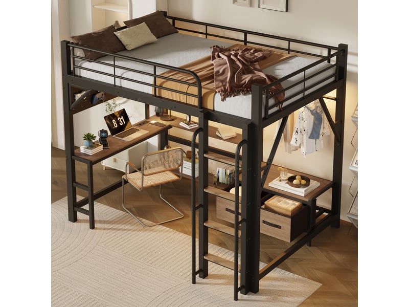  Lit mezzanine 140x200 cm, lit enfant, tiroirs, bureau, panneau perforé, étagères, barrière antichute, bois et métal noir  - Conforama E