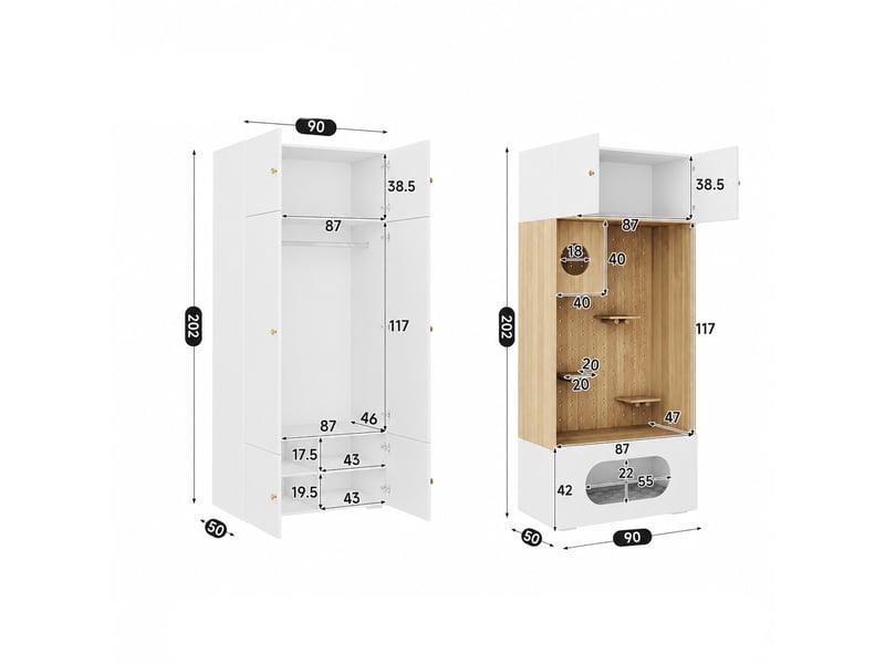 Dressing complet 270x50x200 cm avec arbre à intégré, armoire de chambre multifonctionnelle et vestiaire d'entrée, avec 11 compartiments, blanc - Conforama E
