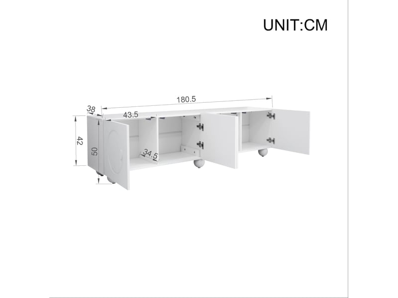  Meuble tv 180,5x38x50 cm, portes à relief rond 3d, rangement compartimenté, mdf et panneau de particules, blanc mat  - Conforama C